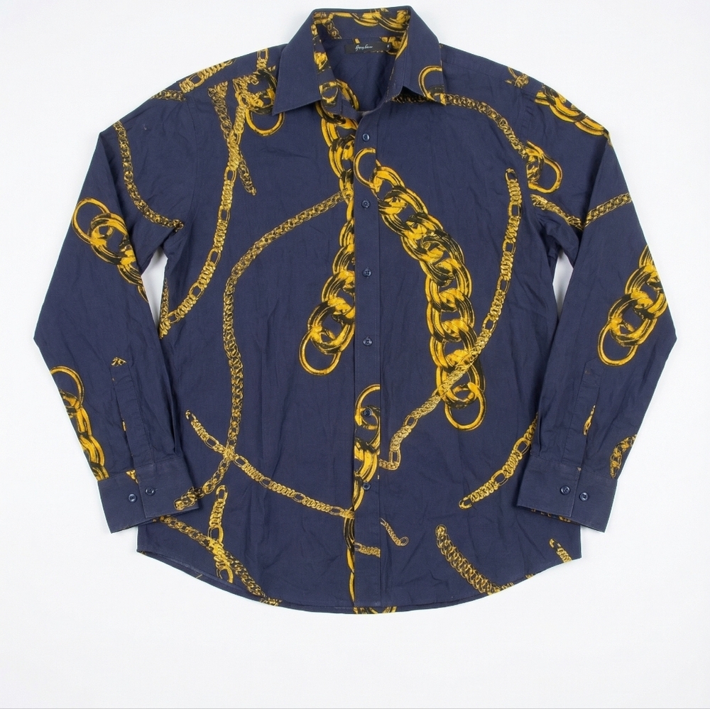 Sean John Mens Dark Blue Shirt with Yellow Chain Design XXL